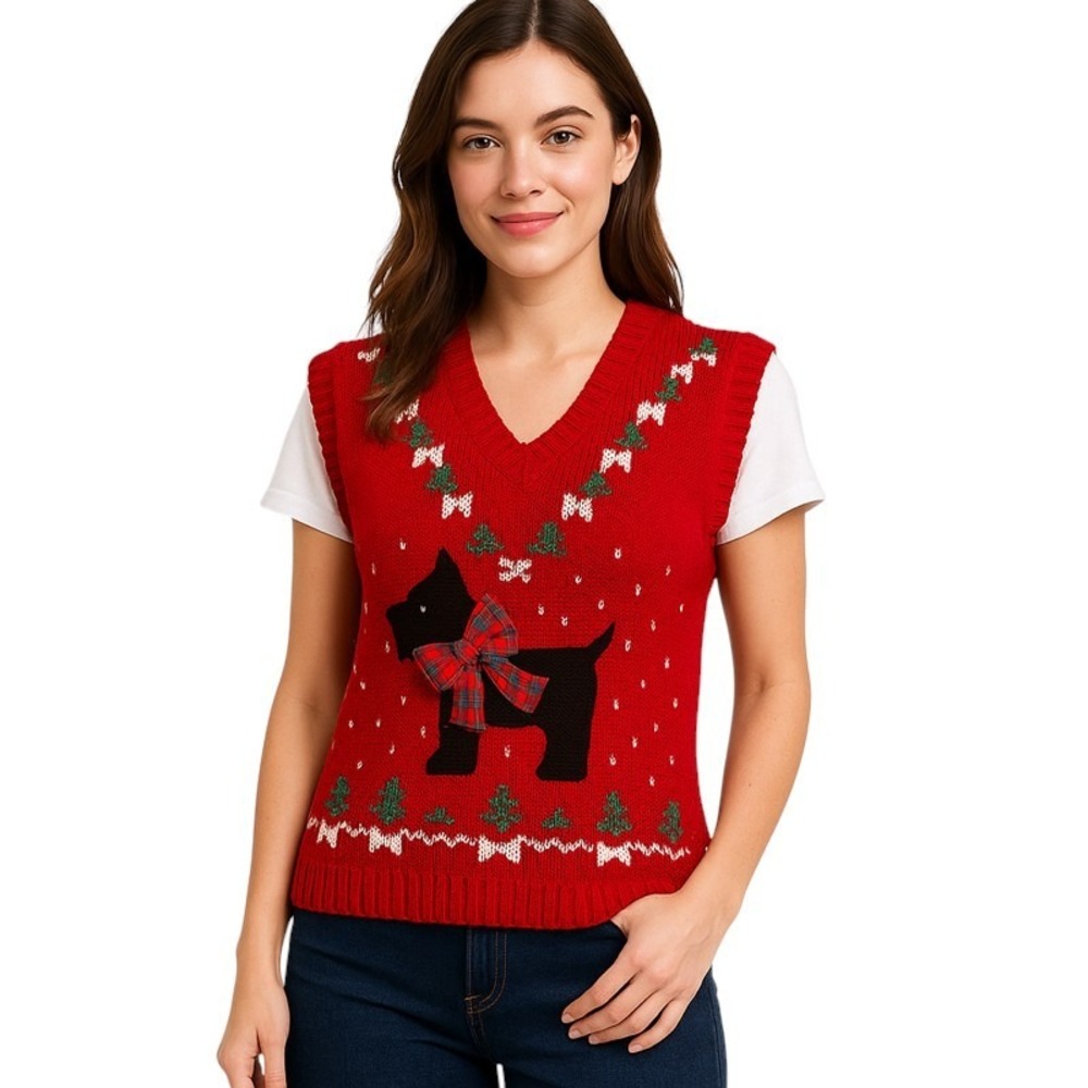 Sweater Loft Women Sweater Vest Vintage‎ Red Scottie Dog Christmas Knit USA L